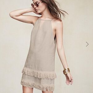 Reformation Small Beige Oatmeal Lindos Fringe Mini Linen Dress
